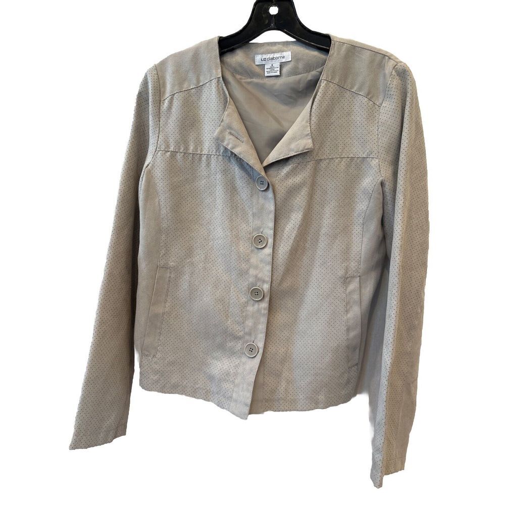 Liz Claiborne Women's Jacket Top Gray Button Down Lined Faux Suede‎ Size Small